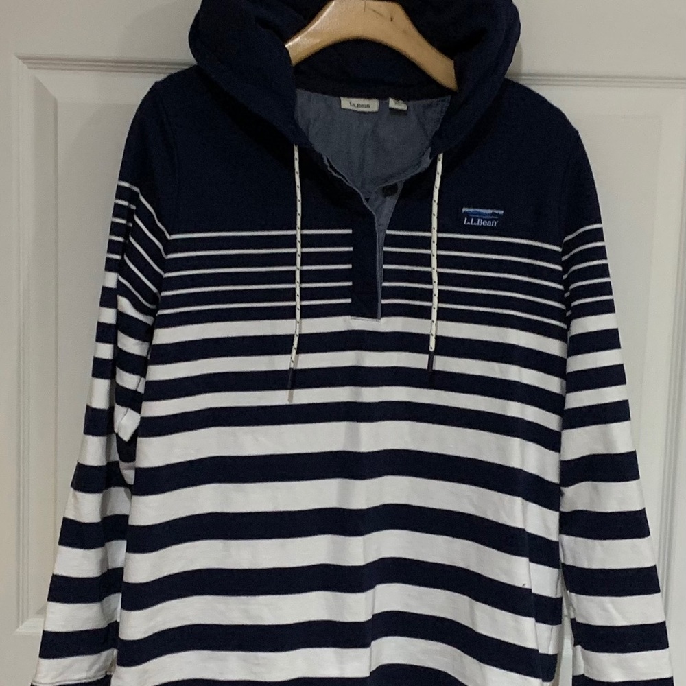 LL Bean Hoodie Pullover Blue White Stripe Size L